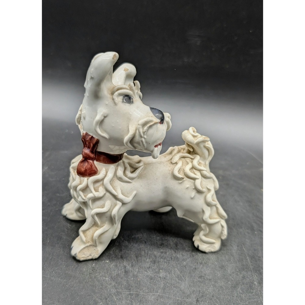 Vintage Pauls Italy Spaghetti Ceramic Dog Figurine White Terrier Red Bow 4"